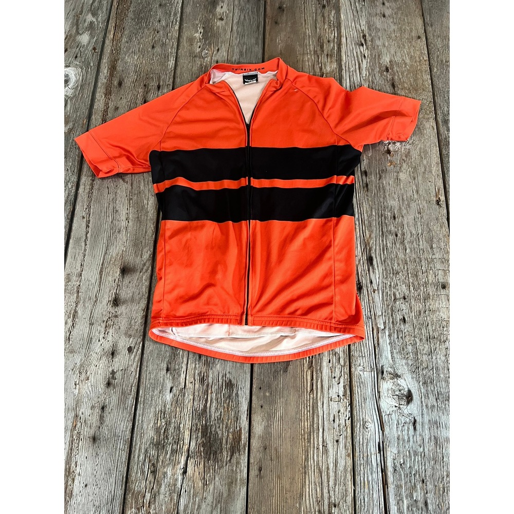 Twin Six Orange Black Striped Cycling Jersey Mens Medium Club Fit Full Zip USA